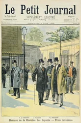 Tittelside som viser gjenåpningen av House of Deputies med Paul Granier de Cassagnac, Lucien Millevoye og Paul Deroulede, illustrasjon fra det illustrerte tillegget til Le Petit Journal, 5th J